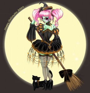 A cute girl dressed for Halloween is standing there, showing off her pet.