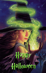 The woman, who looks like a magician, wishes you a happy Halloween.