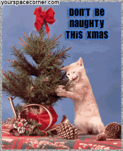 A naughty cat is standing next to the tree during a pet Christmas.