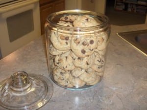 A glass jar that contained a large quantity of cookies was called a cookie jar.