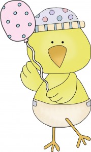 A young chick is having fun with a balloon.