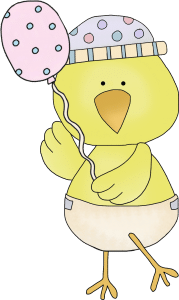 A young chick is having fun with a balloon.