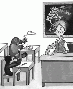 A teacher from the animal class was seated in front of the students.