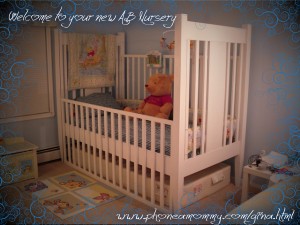 A crib and nursery for grownup babies A teddy bear was in the house and was lying on the crib.