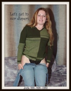 She is a diaper lady and is wearing jeans and the green attire.