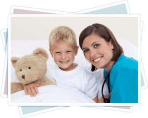 He is also accompanied by a patient boy who is seated next to the doctor on a bed in the hospital.