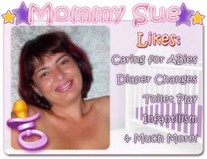 A Mommy Sue is shown in a nude stance. She is attractive and sexy, and her grin is adorable.