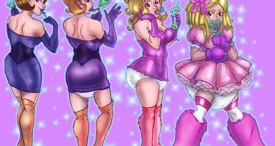 There were some females standing at a Sissy Babies with white diapers.