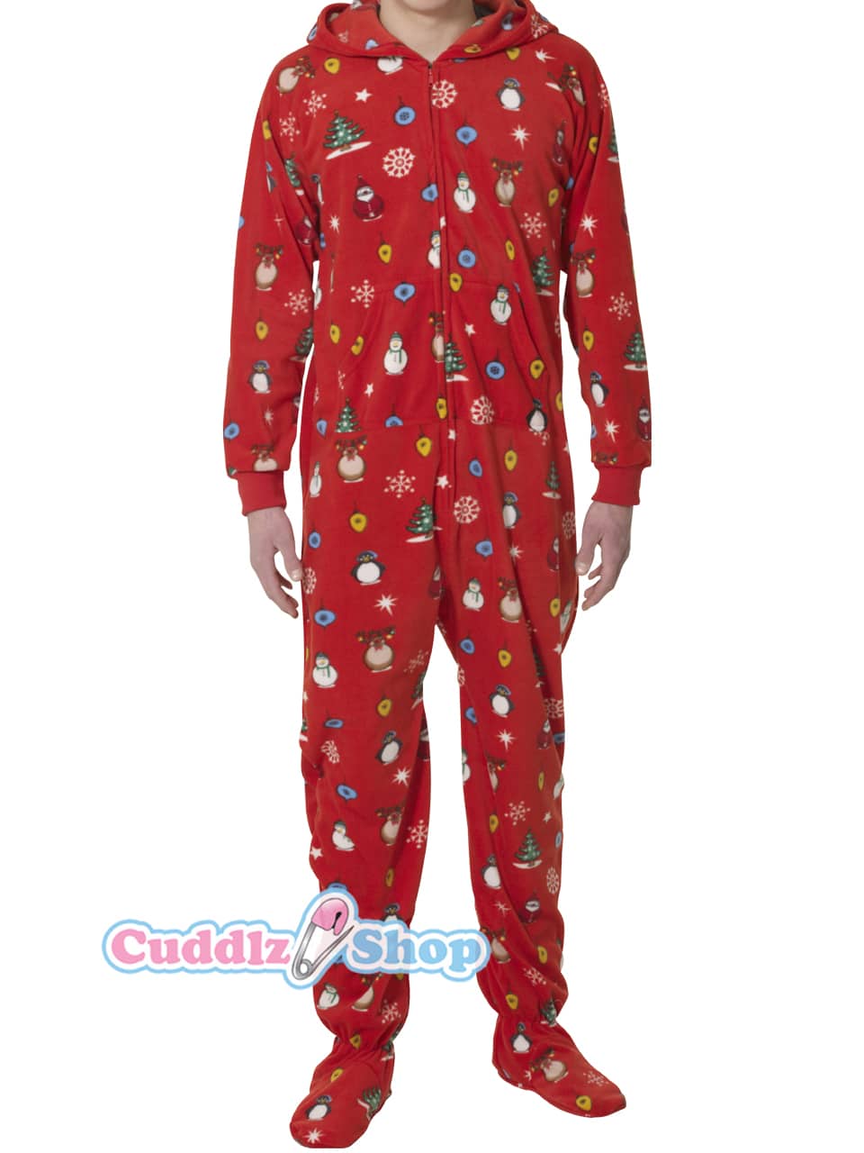 Onesie attire The man is standing in front of the photo shoot, and it was red in colour.