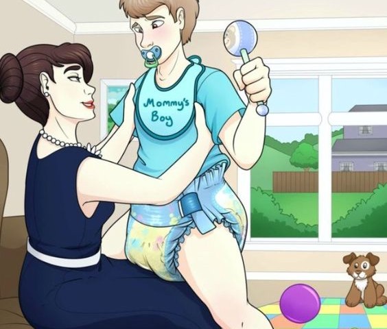 A baby boy is sitting on a sexy mommy's knee and pinching the baby's nipple as she reclines in bed.