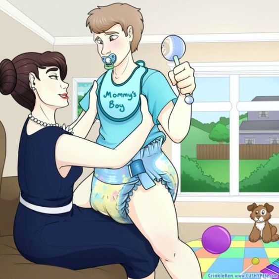 A baby boy is sitting on a sexy mommy's knee and pinching the baby's nipple as she reclines in bed.