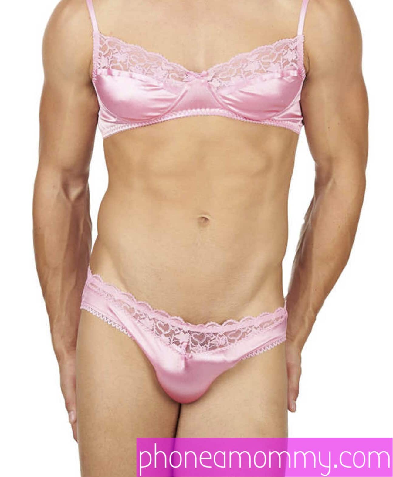 He is a standing adult Sissy Baby boy and is sporting a pink bra and underwear for the photo session.