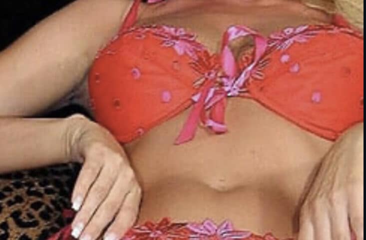 In addition to her bra and underwear, a sexy woman is resting in bed.